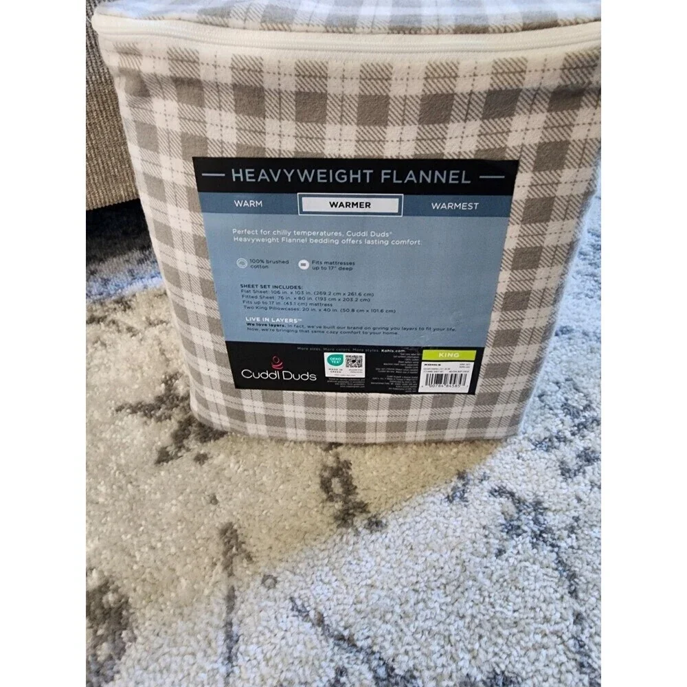 NEW Cuddl Duds KING Heavyweight Flannel Sheet Set Plaid Brushed Cotton Durable